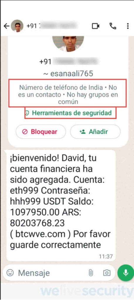 Un ejemplo de la estada con criptomonedas a través de WhatsApp, de acuerdo con ESET.