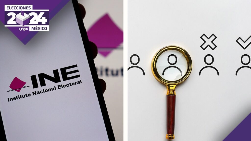 Composición de un celular con el logo del INE y una lupa revisando los perfiles de varias candidaturas