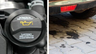 Composición de un tapón de aceite y un auto tirando aceite sobre el suelo