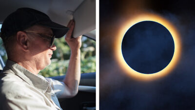 Composición de un hombre conduciendo su auto y el eclipse solar
