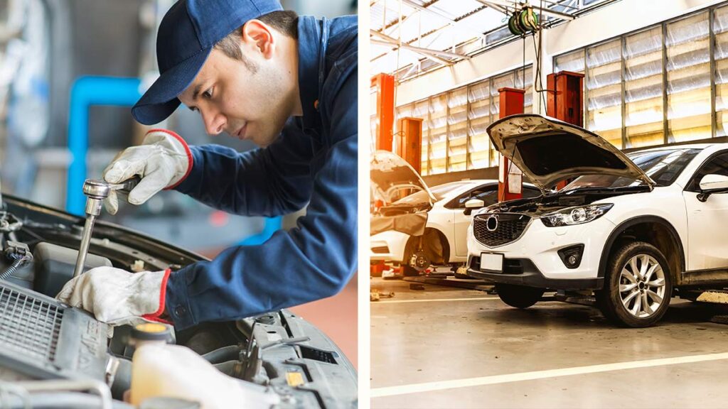 Composición de mecánico reparando un auto en la agencia y un taller