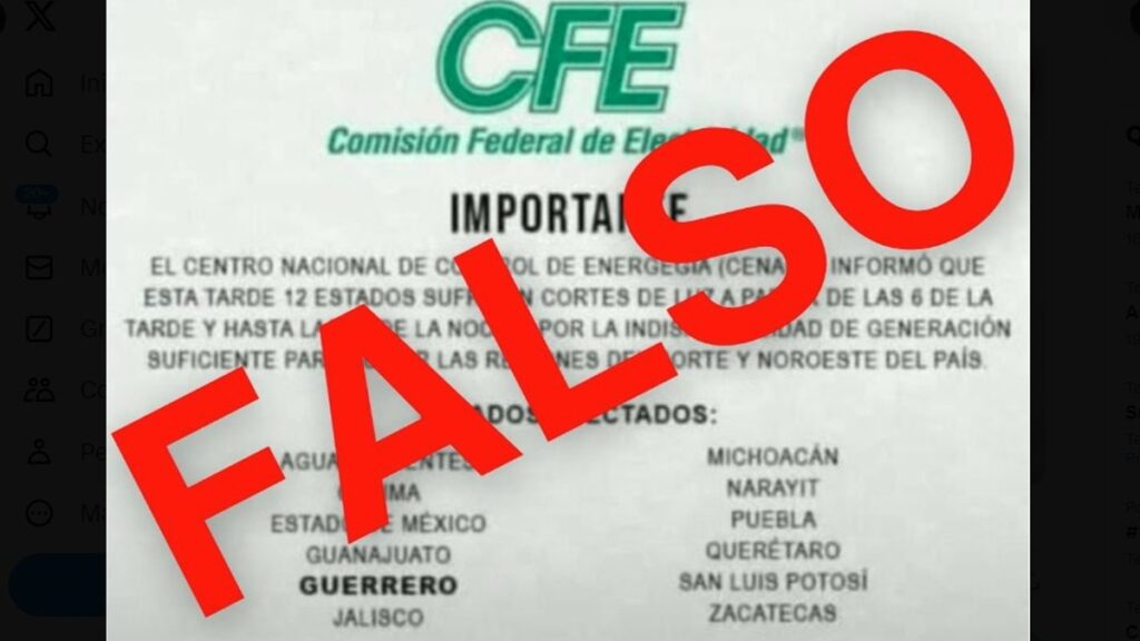 CFE desmiente que hayan apagonesprogramados. Foto: X/@CFEmx