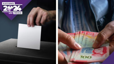 Delitos Electorales: persona metiendo una boleta en la urna y otra intentando la compra del voto