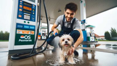 Empleado de gasolinera es captado bañando a un perrito callejero