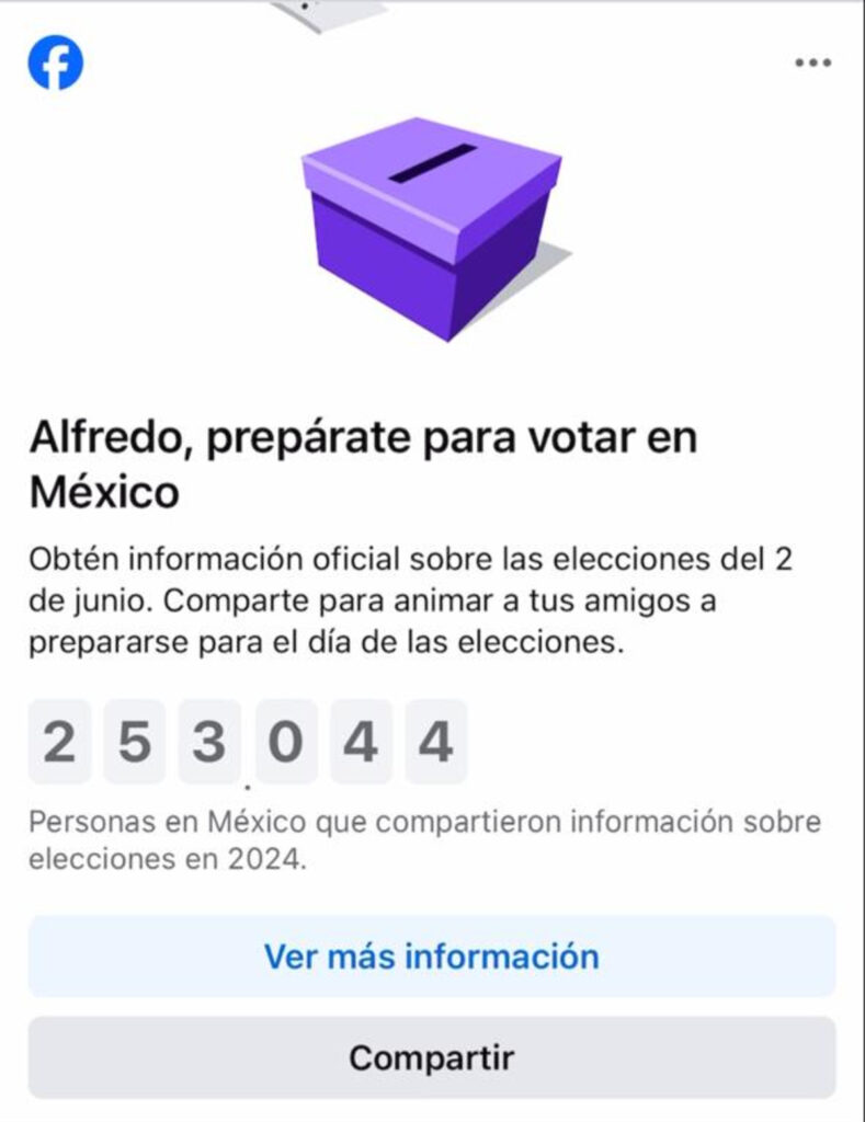 Así se ve el recordatorio de Facebook previo a las Elecciones de México 2024