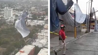 Fuertes rachas de viento hacen volar lona en Monterrey