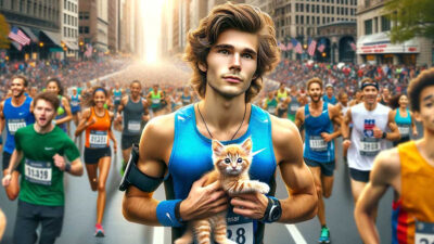 Gato corre maratón con su dueño y cruzan juntos la meta