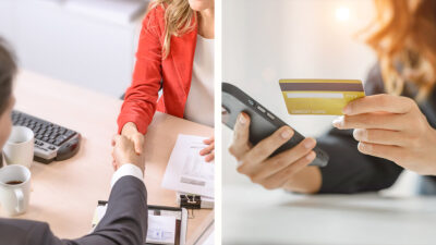 Composición de una persona pidiendo un préstamo y otra con una tarjeta de crédito en la mano