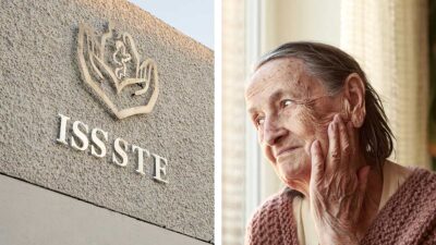 Composición del logo del ISSSTE en fachada con mujer adulta mayor