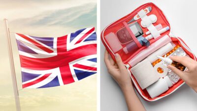Composición de la bandera de Reino Unido y un botiquín de emergencia