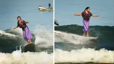 Patty Ornelas es una surfista mexicana que se está haciendo viral en redes sociales; la deportista “monta las olas” usando un huipil