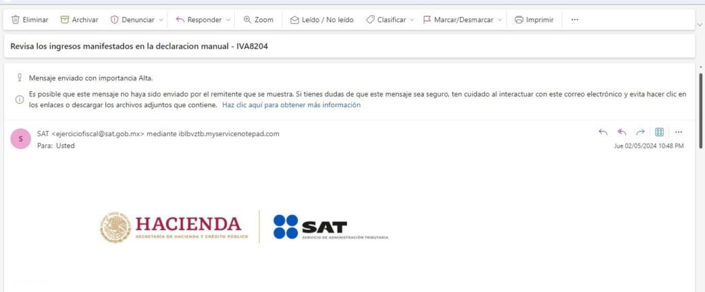 Captura de correo falso del SAT. Imagen: Especial