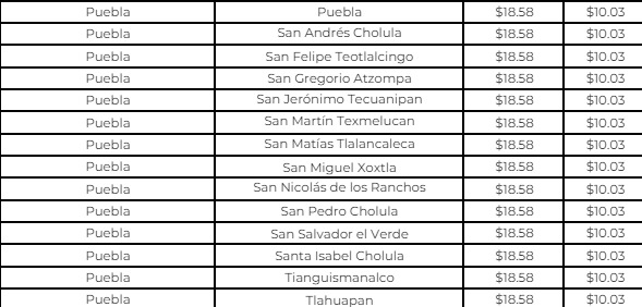 Precio del gas LP para municipios en Puebla del 4 al 11 de mayo.