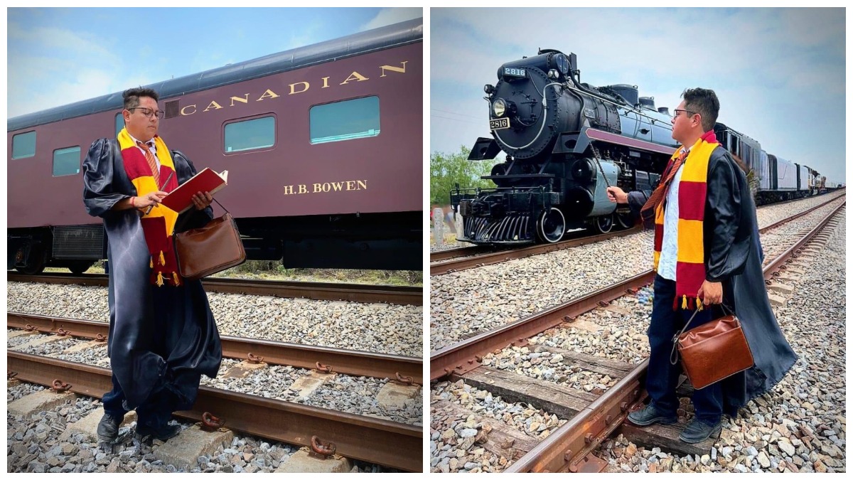 ¡Un fan mágico! Joven se toma fotos al estilo “Harry Potter” durante paso de locomotora “La Emperatriz”