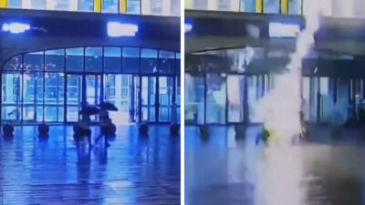 Rayo impacta en paraguas de persona que iba en una estación de tren en China