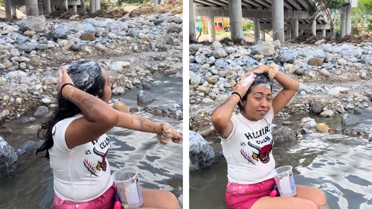 Aprovechando que está lleno: joven se baña en el río Santa Catarina porque no tiene agua en su casa
