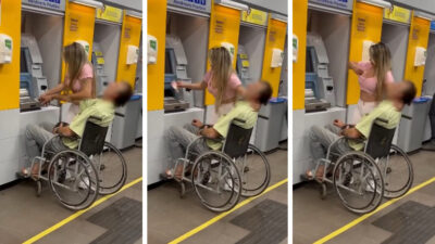 Mujer lleva a adulto mayor inconsciente en silla de ruedas para sacar dinero de cajero automático