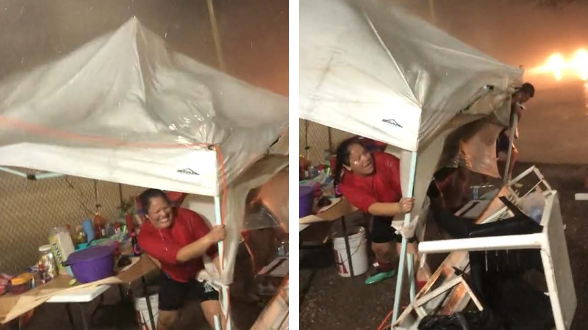 ¡Salvando el changarro! Vendedora de elotes se aferra a su puesto durante tormenta en Nayarit