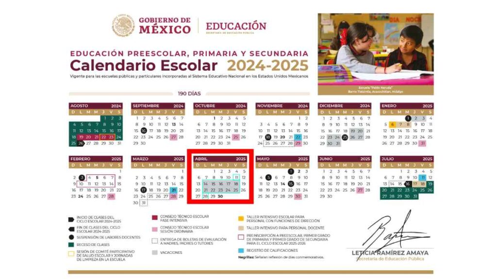 Calendario escolar donde se marca en un recuadro rojo cuándo serán las vacaciones de Semana Santa 2025