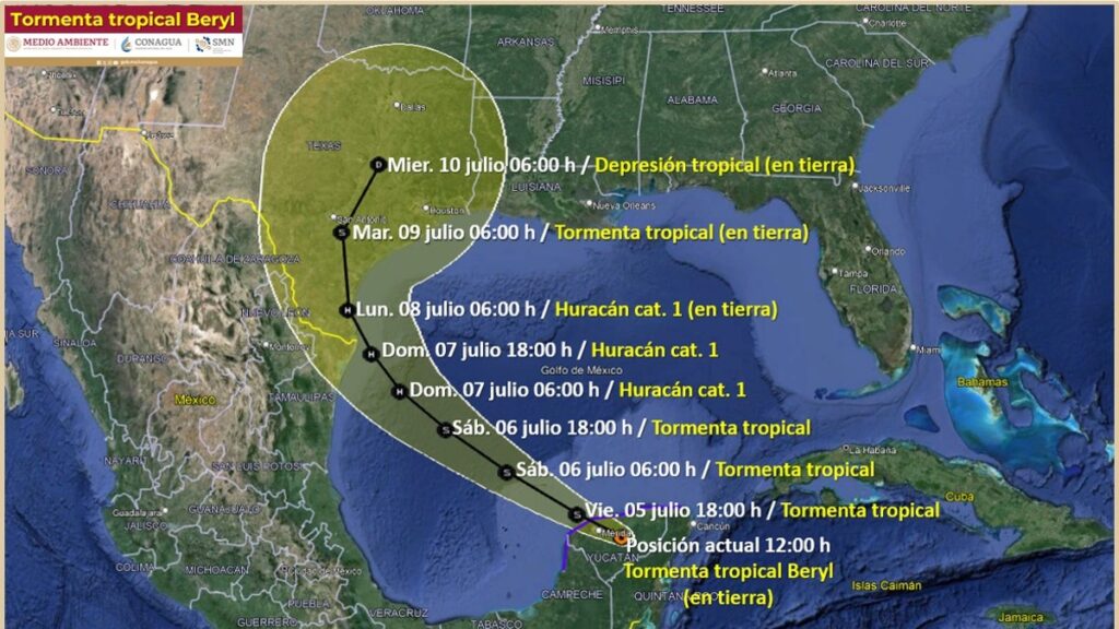 El huracán Beryl tocó territorio mexicano como categoría 2, ahora degradado a tormenta tropical