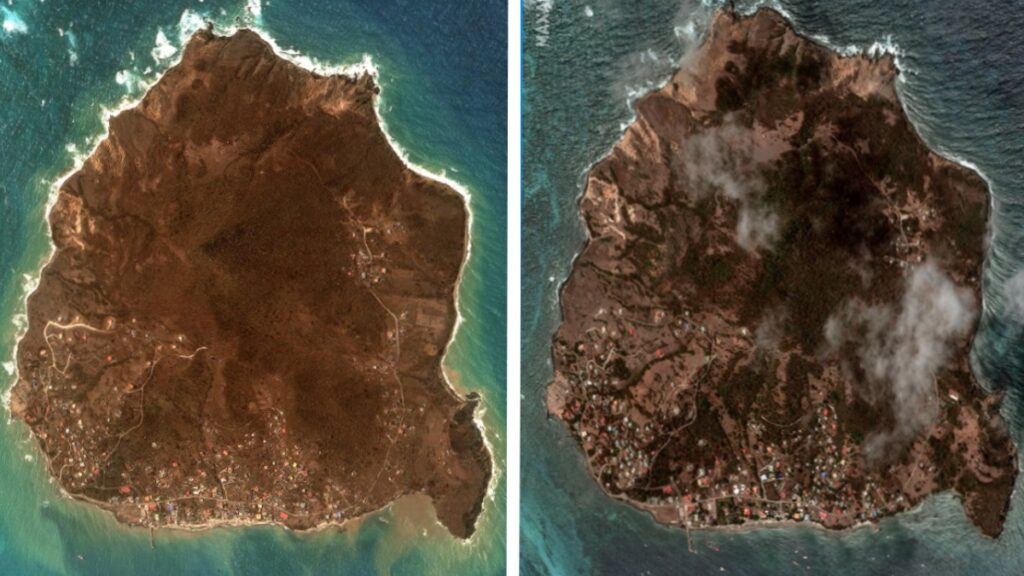 Antes y después del paso de Beryl en Petite Martinique. Fotos AFP