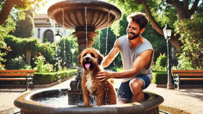 Hombre baña a su perrito en la fuente, lo más tierno que verás hoy