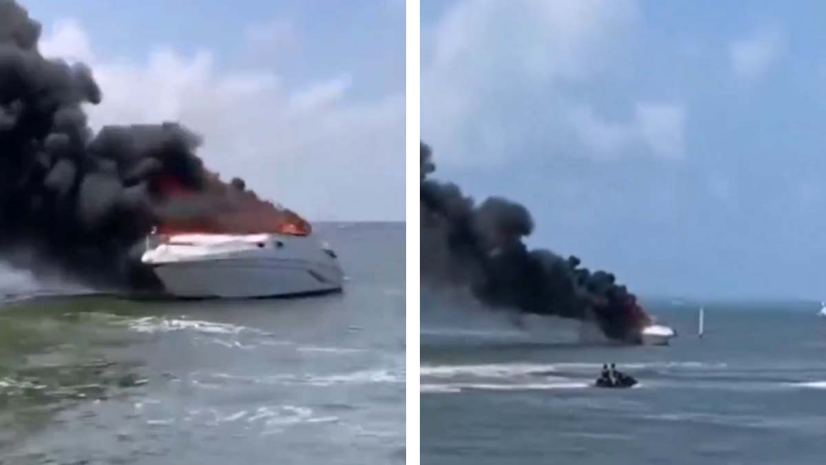 ¡Todos al agua! Graban momento del incendio de una embarcación en Cancún