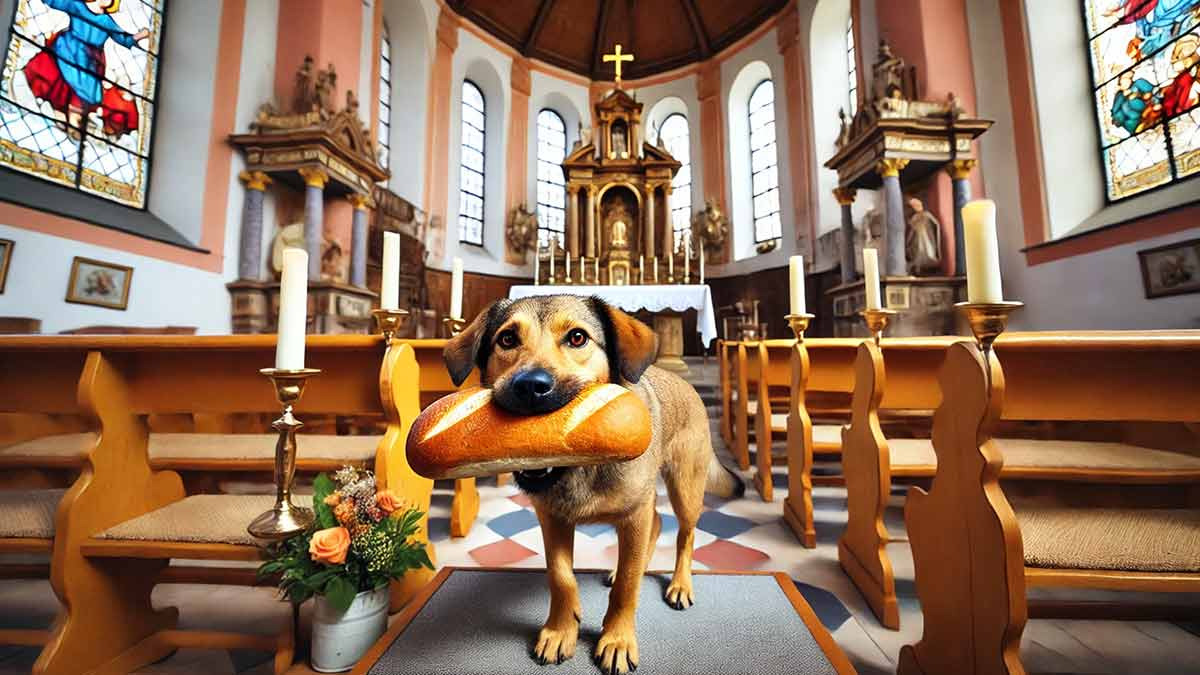 Perro se lleva el pan del altar de la iglesia