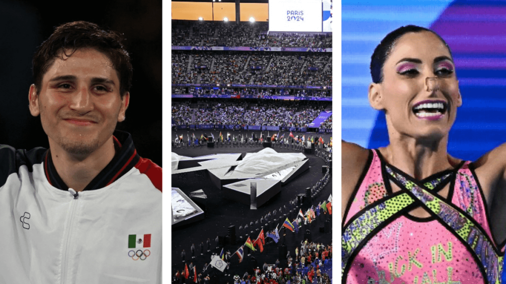 Nuria Diosdado y Marco Verde llevan la bandera de México en la ceremonia de clausura de los Juegos Olímpicos Paris 2024