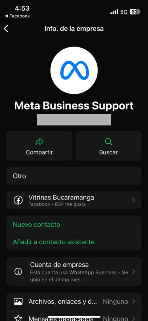 Esta es la información de contacto de la supuesta Meta Business Support