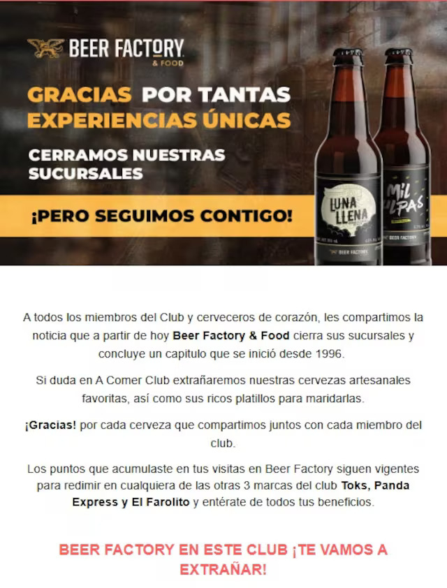 Beer Factory, pionera en cerveza artesanal en México, anunció el cierre de todas sus sucursales tras 28 años de servicio.