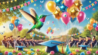 Colibrí causa sensación en graduación al ponerse a jugar con los globos