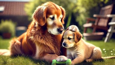 Perro intenta consolar a su compañero recién rescatado dándole un juguete