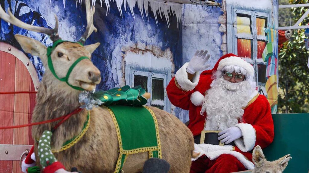 Visitantes a la romería navideña buscan una foto con Santa