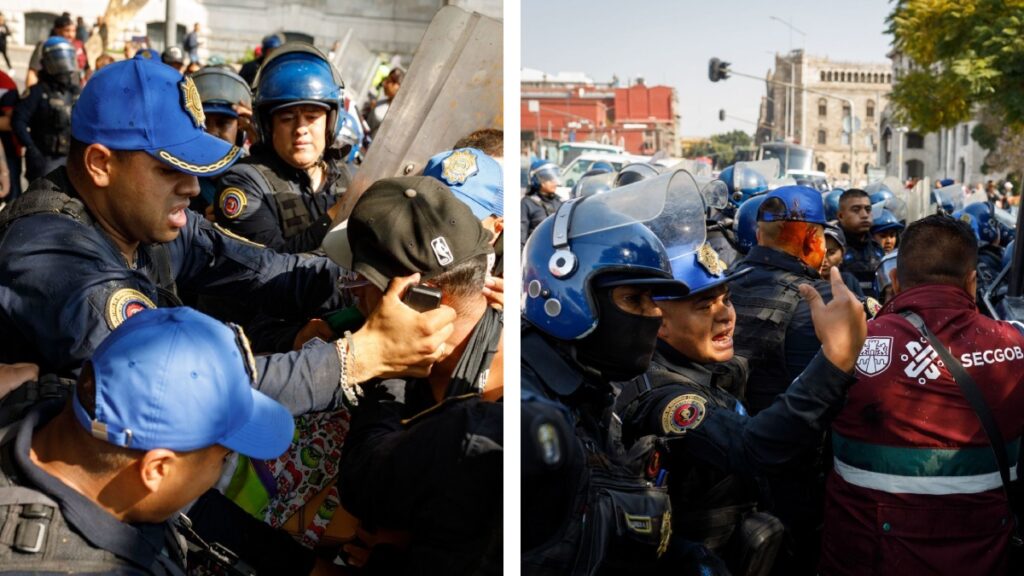 Una riña entre policías y comerciantes se registró en la Alameda Central de la CDMX. En el enfrentamiento hubo golpes y jalones.