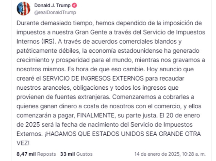 Donald Trump anunció la creación de una nueva agencia encargada de recaudar aranceles, impuestos y todos los ingresos de fuentes extranjeras.