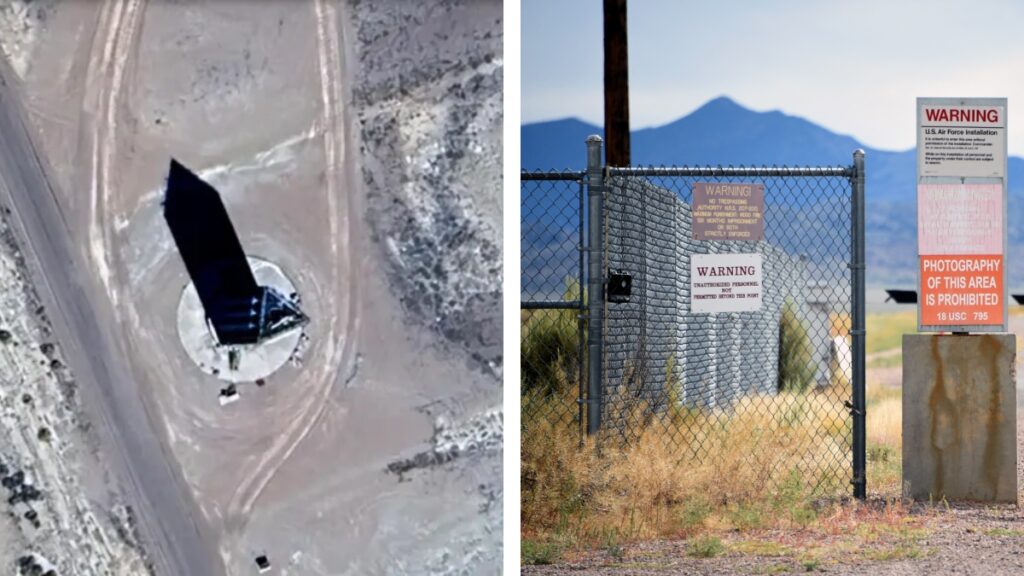 Expertos en teorías de la conspiración descubrieron una torre triangular en el Área 51. Aseguran que su diseño sugiere tecnología extraterrestre.