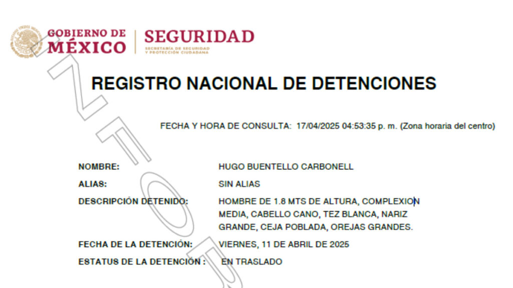 Registro de la detención de Hugo Buentello Carbonell