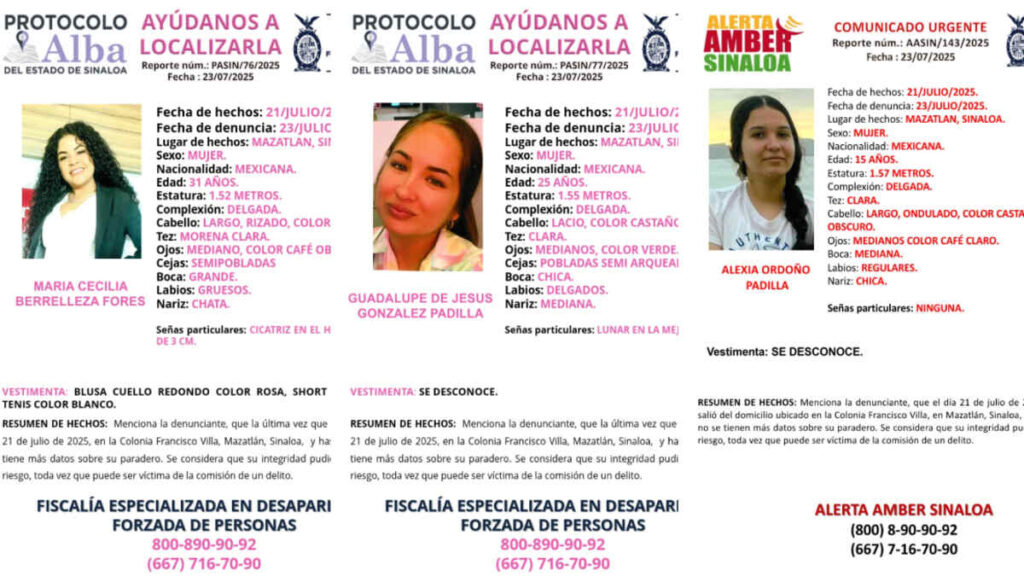 Fiscalía de Sinaloa emite ficha de búsqueda para tres mujeres.