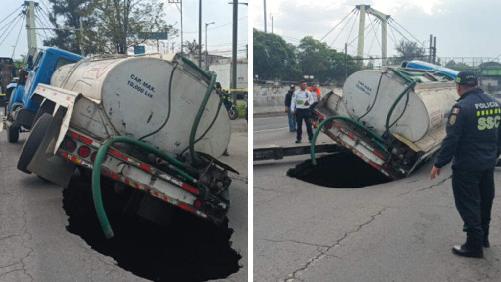 Socavón “devora” pipa de agua en calzada Ignacio Zaragoza