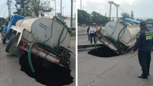 Socavón “atrapa” pipa de agua en calzada Ignacio Zaragoza