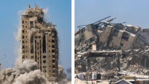 Video: Israel bombardea edificio de 14 pisos en Gaza; lo derriba en segundos