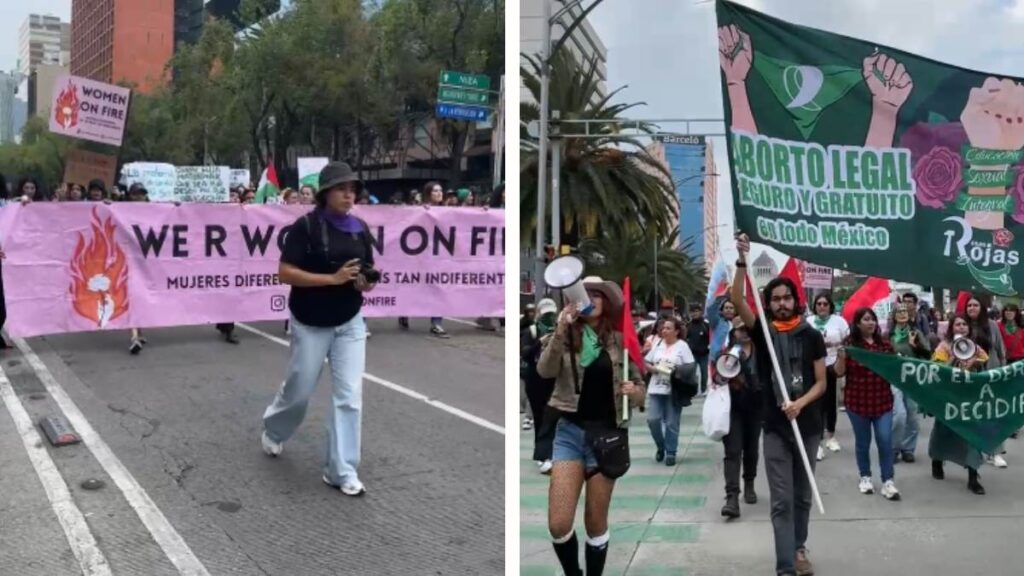 Marcha por aborto legal avanza en CDMX y se une a consignas por Ayotzinapa y Palestina