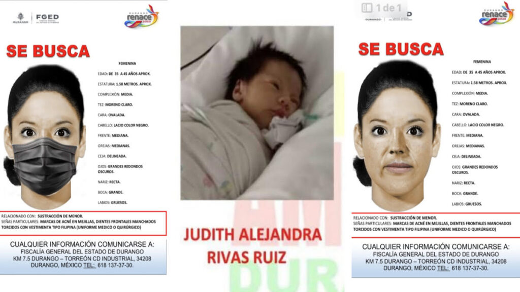 Difunden retrato de falsa enfermera por robo de bebé en Durango.