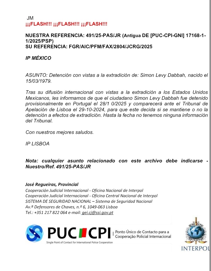 Documento de la Interpol sobre detención de Simón Levy