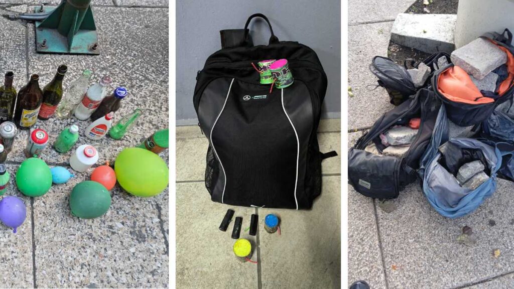 Objetos decomisados por SSC CDMX marcha pro-Palestina